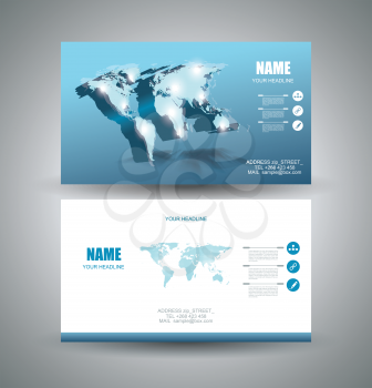 Business cards Design with 3d vector Light World map and pointer marks.  Vector Template layout.