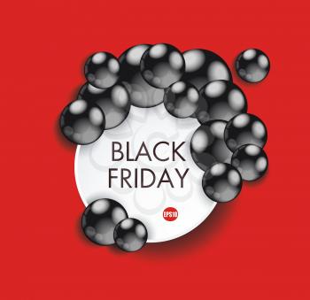 Black Friday sign design with paper banner and black balls, vector illustration.