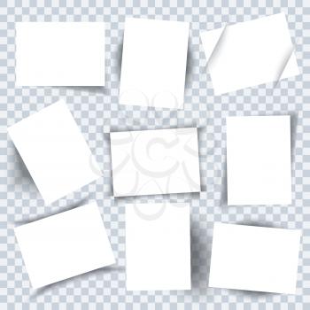 Clean paper sheets. White pages collection with shadows on transparent background.