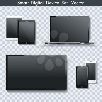 Realistic set of TV panel, computer monitor, laptop, tablet pc and  smartphone on transparent background.