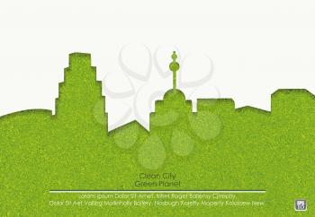 Green Building Architecture design from City Shape Silhouette with grass texture background. 