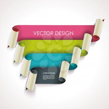 Group of short curved color ribbons. Vector realistic banners for headline and promotional flyers.