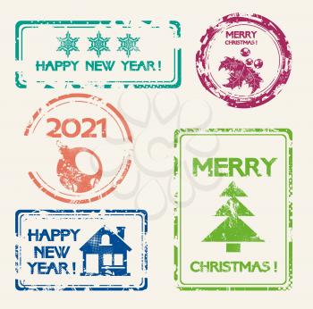 Christmas stamp set, NEW YEAR symbols, vector design.