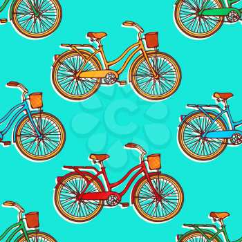 Seamless pattern with colorful hand drawn vintage bicycles
