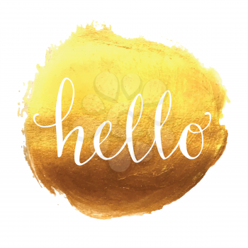 Hello hand lettering on splash golden background