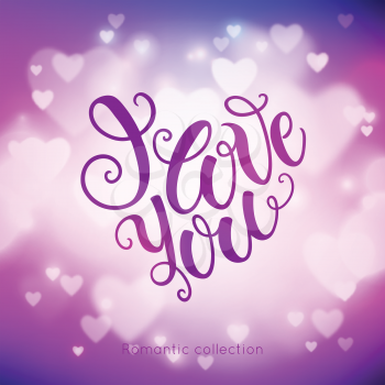 I love you doodle decorative hand lettering on blured background. Can be used for website background, poster, printing, banner, greeting card. Vector illustration
