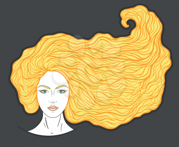 Beautiful girl face with long curly hair and neutral expression. Hand drawn woman portrait stylized in lines. Decorative vector illustration