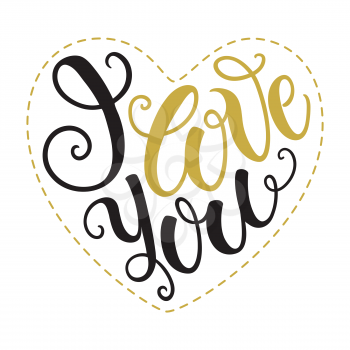 I love you doodle heart shaped hand lettering. Romantic background. Greeting card design template. Can be used for website background, poster, printing, banner. Vector illustration