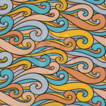 Abstract colorful curly lines seamless patterns set. Waves and curls vector illustration. Bright colorful seamlessly tiling background collection.