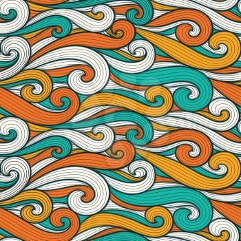 Abstract colorful curly lines seamless patterns set. Waves and curls vector illustration. Bright colorful seamlessly tiling background collection.