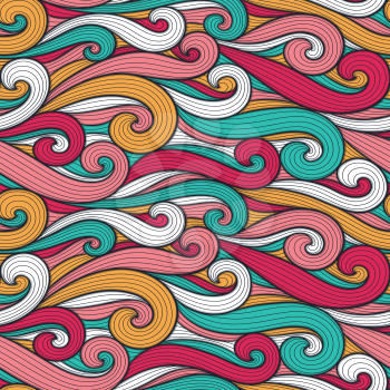 Abstract colorful curly lines seamless patterns set. Waves and curls vector illustration. Bright colorful seamlessly tiling background collection.