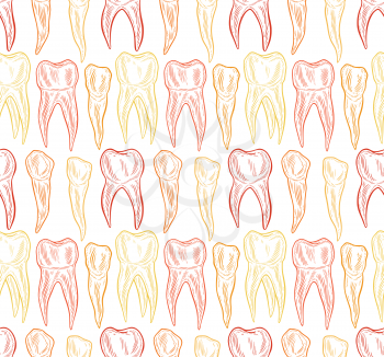 Stylized doodle, hand drawn outline of teeth. A seamless tooth pattern background. Decorative oral dental hygiene vector illustration