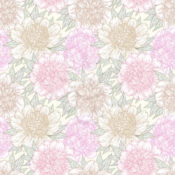 Seamless pattern with peony flowers hand drawn in lines. Graphic doodle sketch floral background. Vector illustration