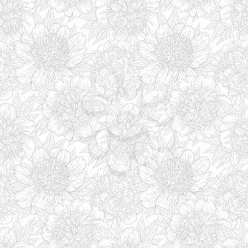 Seamless pattern with peony flowers hand drawn in lines. Graphic doodle sketch floral background. Vector illustration