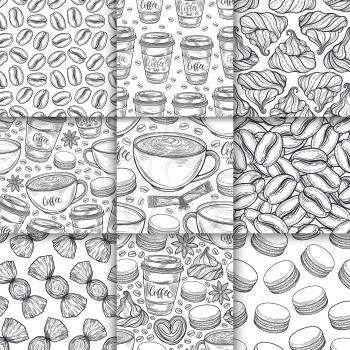 Coffee cups, beans, mugs, macaroons hand drawn seamless pattern set. Monochrome black and white vector background. Decorative sketch doodle illustration