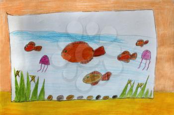 Multicolored child's drawing with fishes in the aquarium