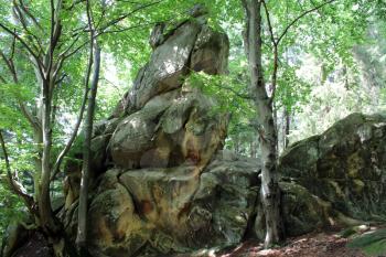 big and picturesque rock in the forest of Carpathian mountains