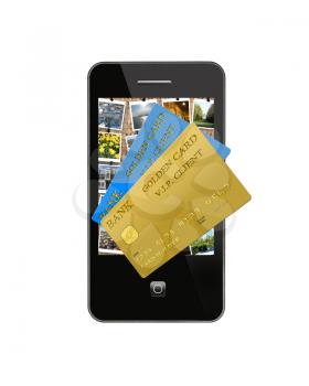 modern mobile phone with different credit cards