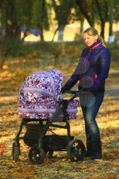 woman with baby in perambulator walking in the autumn park