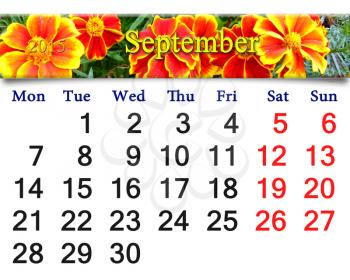 calendar for September of 2015 with the ribbon of flowers of tagetes