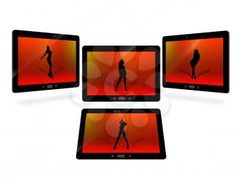illustration of tablets with red image of dansing woman isolated on white
