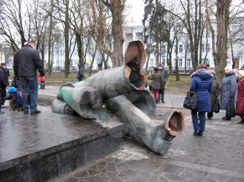 thrown big bronze monument to Lenin the leader of world proletariat in Chernihiv