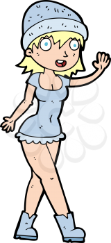 Royalty Free Clipart Image of a Girl in a Short Dress Waving