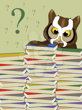 Owl Character Behind a Stack of Books