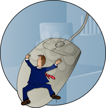 Man hanging onto a giant mouse while wearing a suit