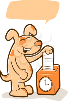 Illustration of a  cute dog putting a time card in a timeclock