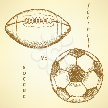 Sketch soccer versus american football ball, background



