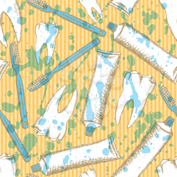 Sketch tooth paste, tooth brush and teeth, vector seamless pattern