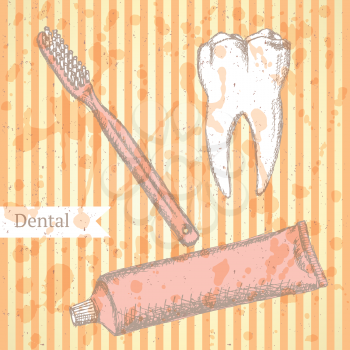 Sketch tooth paste, tooth brush and teeth, vector vintage background