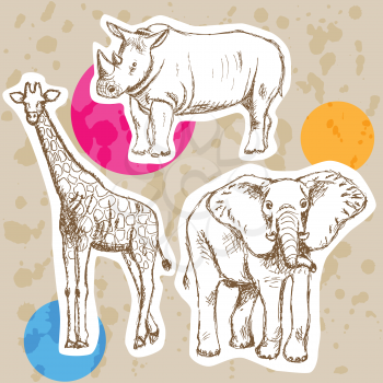 Sketch giraffe, elephant, rhino, vector vintage background