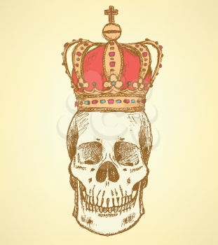 Sketch skull in crown, vector vintage background 
