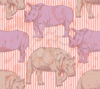 Sketch hippo and rhino, vector vintage seamless pattern

