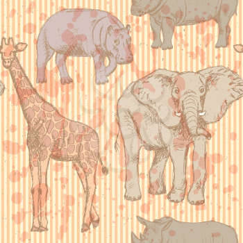 Sketch elephant, rhino, giraffe and hippo, vector vintage seamless pattern
