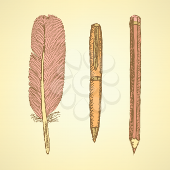 Sketch cute pen, feather and pencil in vintage style, background