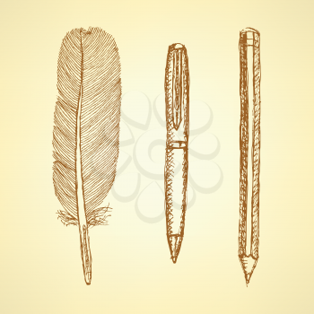 Sketch cute pen, feather and pencil in vintage style, background
