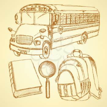 Sketch school bus,zoom,  book and notebook, vintage set