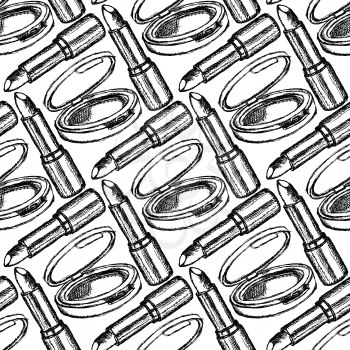 Sketch powder compact and lipstick, vintage seamless pattern