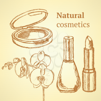 Sketch beauty equipment with orchid in vintage style, set