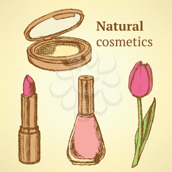 Sketch beauty equipment with tulip in vintage style, set