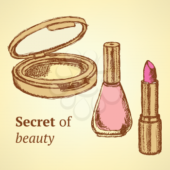 Sketch beauty equipment in vintage style, set