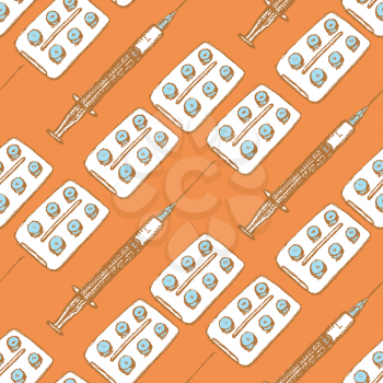 Sketch syringe and tablets package in vintage style, seamless pattern