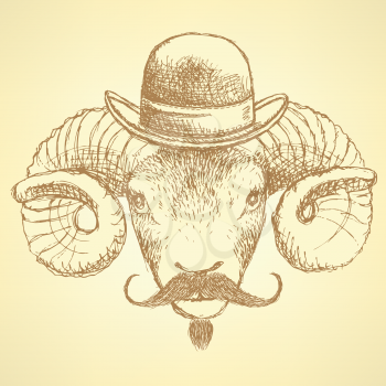 Sketch cute ram in hipster style, background