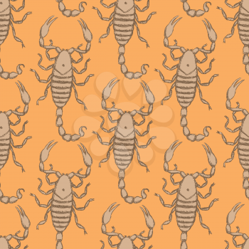 Sketch horrible scorpion in vintage style, seamless pattern