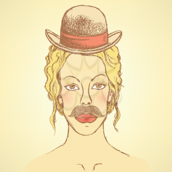 Sketch cute woman with hat and mustache, vector vintage background