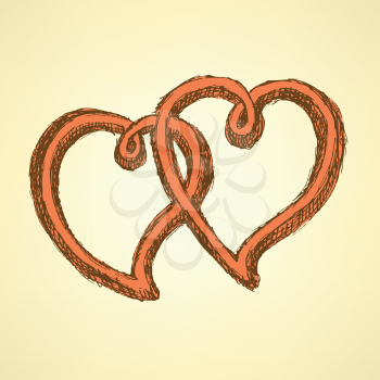 Sketch hearts in vintage style, vector Valentine background

