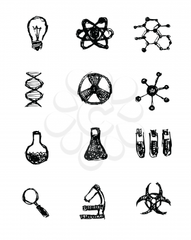 Sketch chemical icons in vintage style, vector
